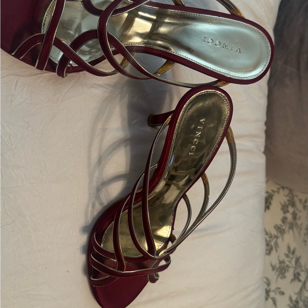 Elegant Burgundy and Gold Strappy Heels